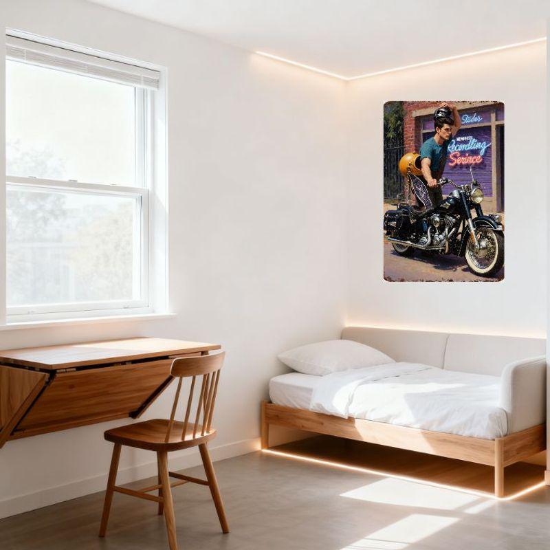 Vintage Rockabilly Motorcycle Metal Tin Sign with Studs Memphis Recording Service Neon Art Decor for Man Cave Bar Home Wall Plaq