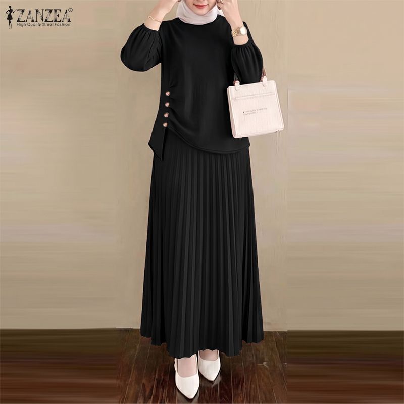 ZANZEA Women 3/4 Sleeve Blouse and Long Skirts Vintage Two Piece Suit Sets