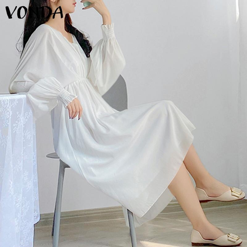 VONDA Primavera Donna Pleat Party Tunica Abiti lunghi Elegante Flare Manica  Lunga V Collo Asimmetrico Solido Casual Loose Maxi Abito Plus Size Kleid  acquista in modo economico — spedizione gratuita, recensioni reali