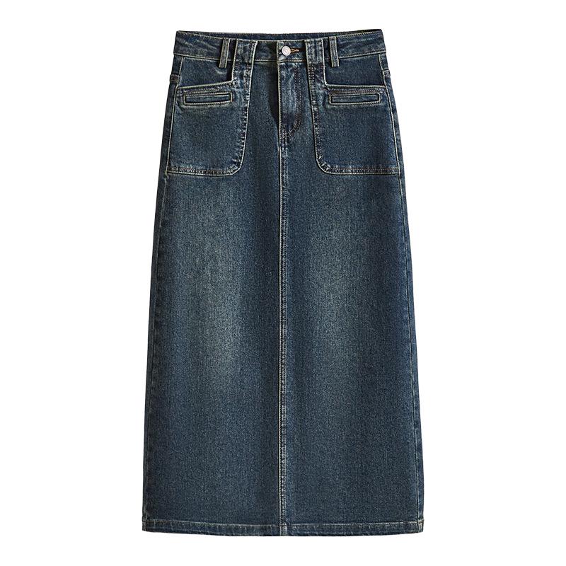 Women's Retro High-Waisted A-Line Denim Skirt - Mid-Length, Slit, Hip-Hugging for Petite Girls - Spring/Autumn Style