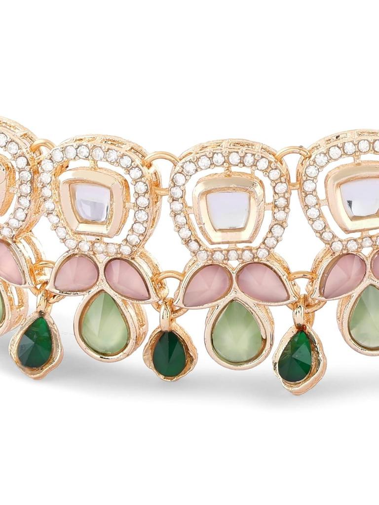 Green Pink Stones Austrian Diamonds Embellished Choker Necklace Earring & Ring Set For Women