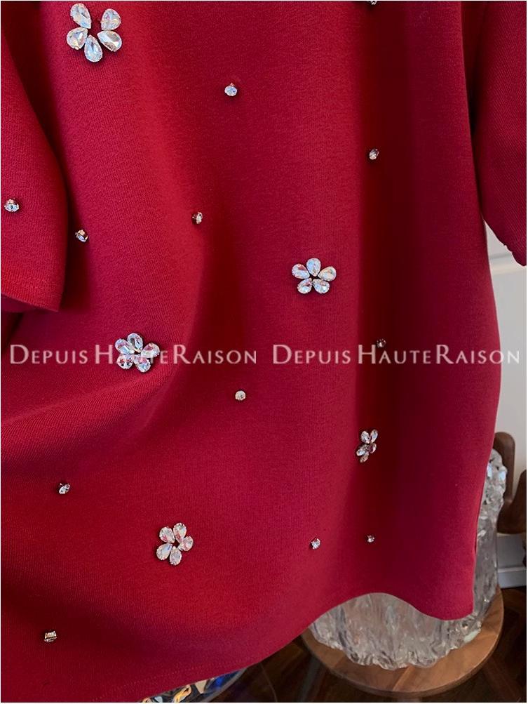 Rhinestone Flower Double-Sided Brushed Short Sleeve T-shirt Women's Loose Base Layer Top