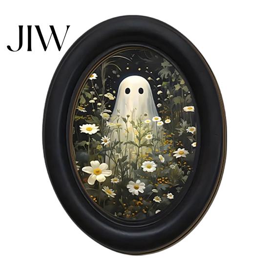 Rustic Autumn Home Accents Halloween Gothic Oval Wooden Hanging Plaque, Vintage Framed Black Cat Little Minimalist Horror Themed Decor Ghost