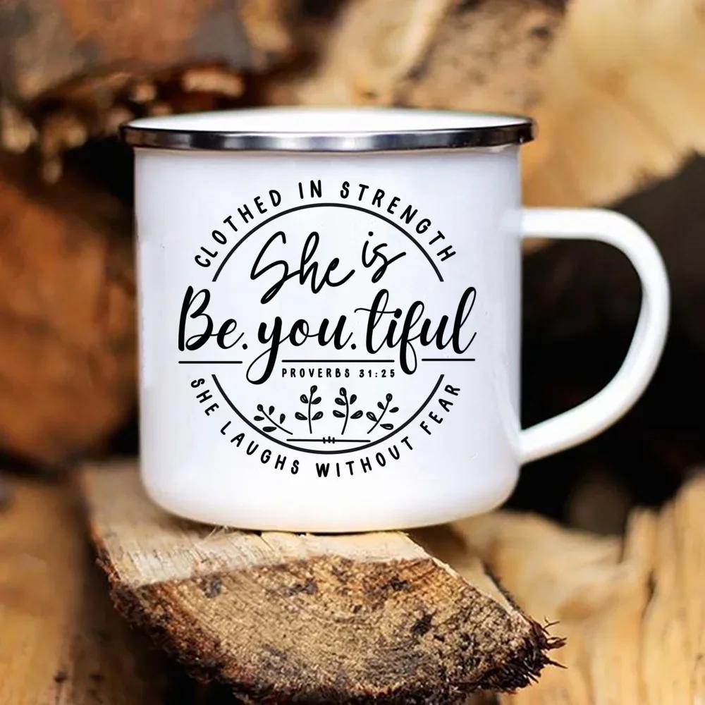 I Am/you Are Strong Beautiful Christian Enamel Mugs Outdoor Travel Coffee Cup Drink Dessert Milk Vintage Handle Drinkware Gifts