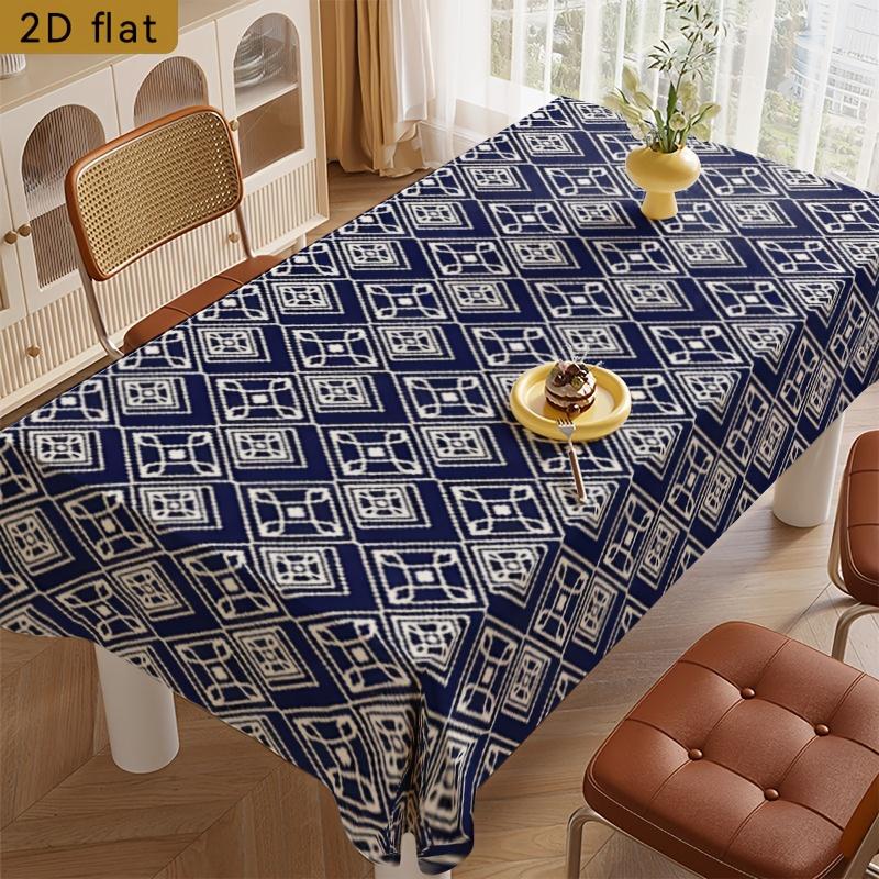 2D Flat Banner 1pc Deep Blue White Geometric Pattern Tablecloth, 2D Flat Kitchen Dining Room Rectangular Table Decor, Party Table Cover Home Decor, Su