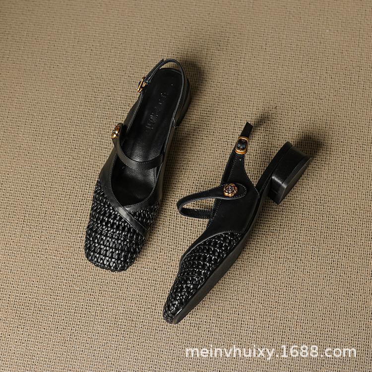 

Плетеная ажурная сумка, сандалии с квадратным носком, женские новые модные дышащие, на среднем толстом каблуке, женская обувь с открытой пяткой, туфли 39