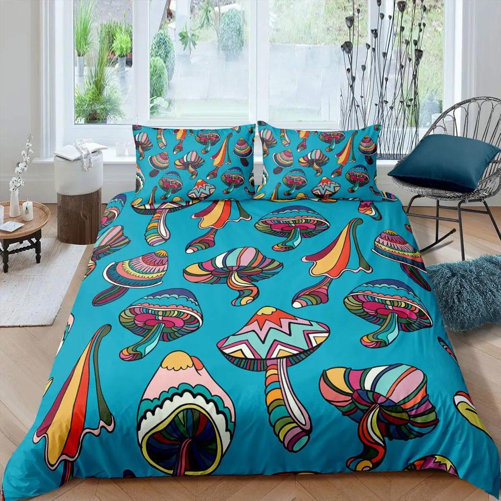 Girls Mushroom Comforter Cover Cartoon Duvet Cover Twin Size Kawaii Bedding Set Wild Garden Species Plant Polyester Quilt Cover