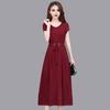 Yousheng Summer Lady Dress Round Neck A-line Short Sleeves Slim Waist Plus Size Pure Color Slim Fit Mid-calf Length OL Commute Midi Dress
