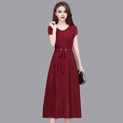 Yousheng Summer Lady Dress Round Neck A-line Short Sleeves Slim Waist Plus Size Pure Color Slim Fit Mid-calf Length OL Commute Midi Dress