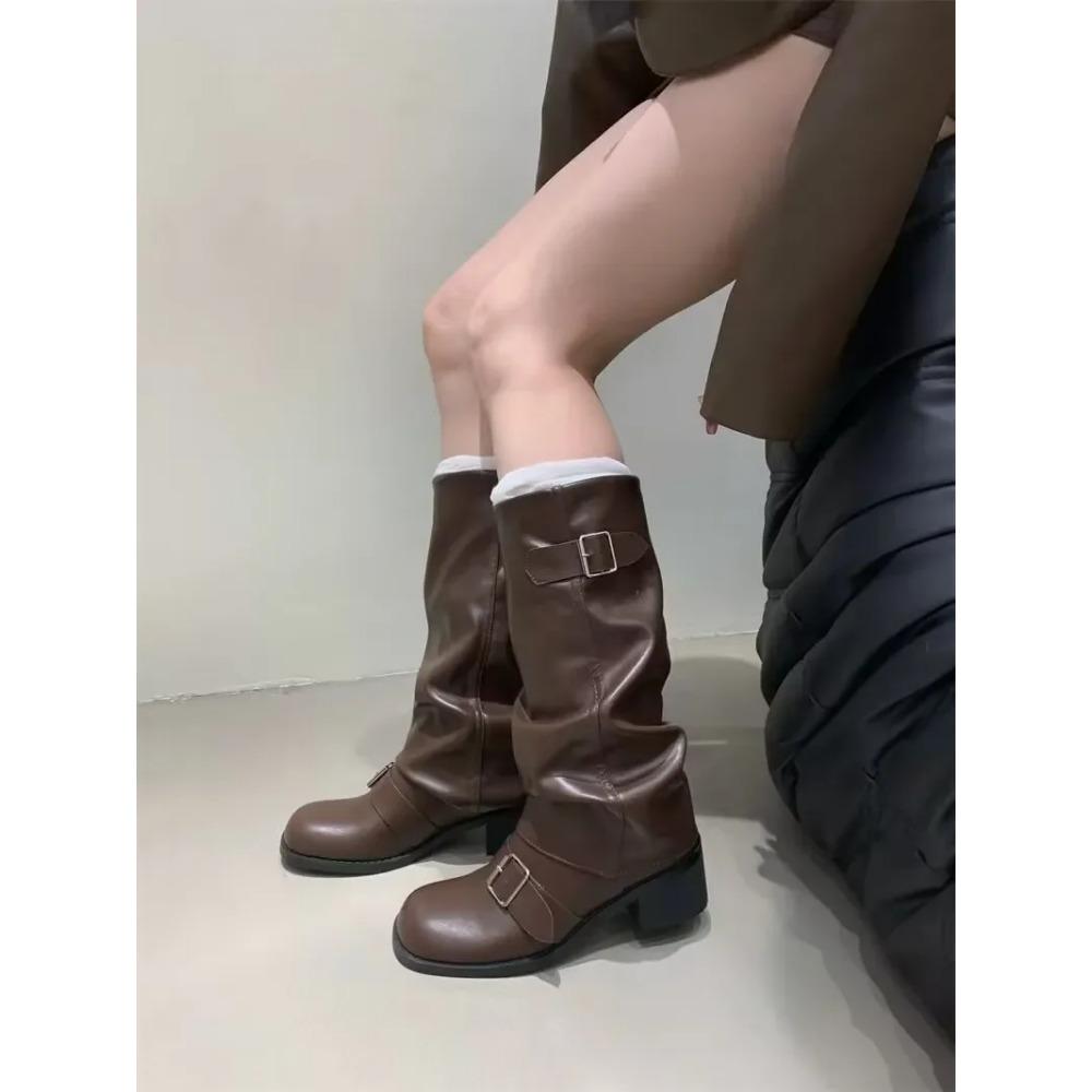 Damenstiefel Kniehoch Plateau Klobige Absätze Trend Punk Gothic New Rock Leder Mode Damenschuhe Motorradschuhe