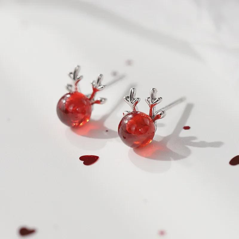 Red Garnet Deer Earrings: 925 Silver Christmas Jewelry for Women, Japanese & Korean Style