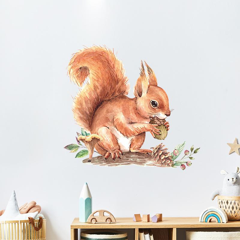 Cartoon Cute Squirrel with Pinecone Wall Sticker for Kids Room Kindergarten Home Decor Self-Adhesive Removable Decal
