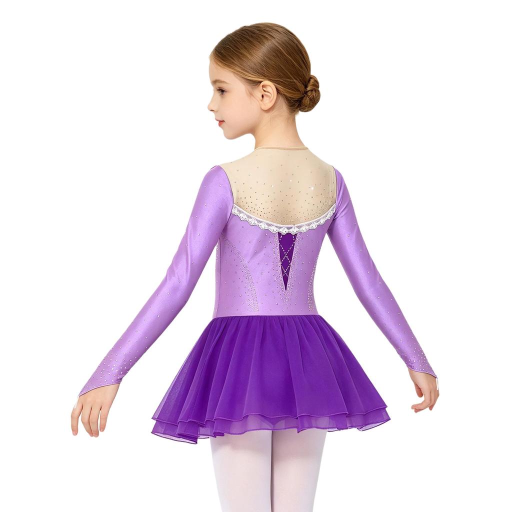 Girls Princess Costume Mesh Patchwork Long Sleeve Sparkly Rhinestones Lace Decor Contrast Color Dress