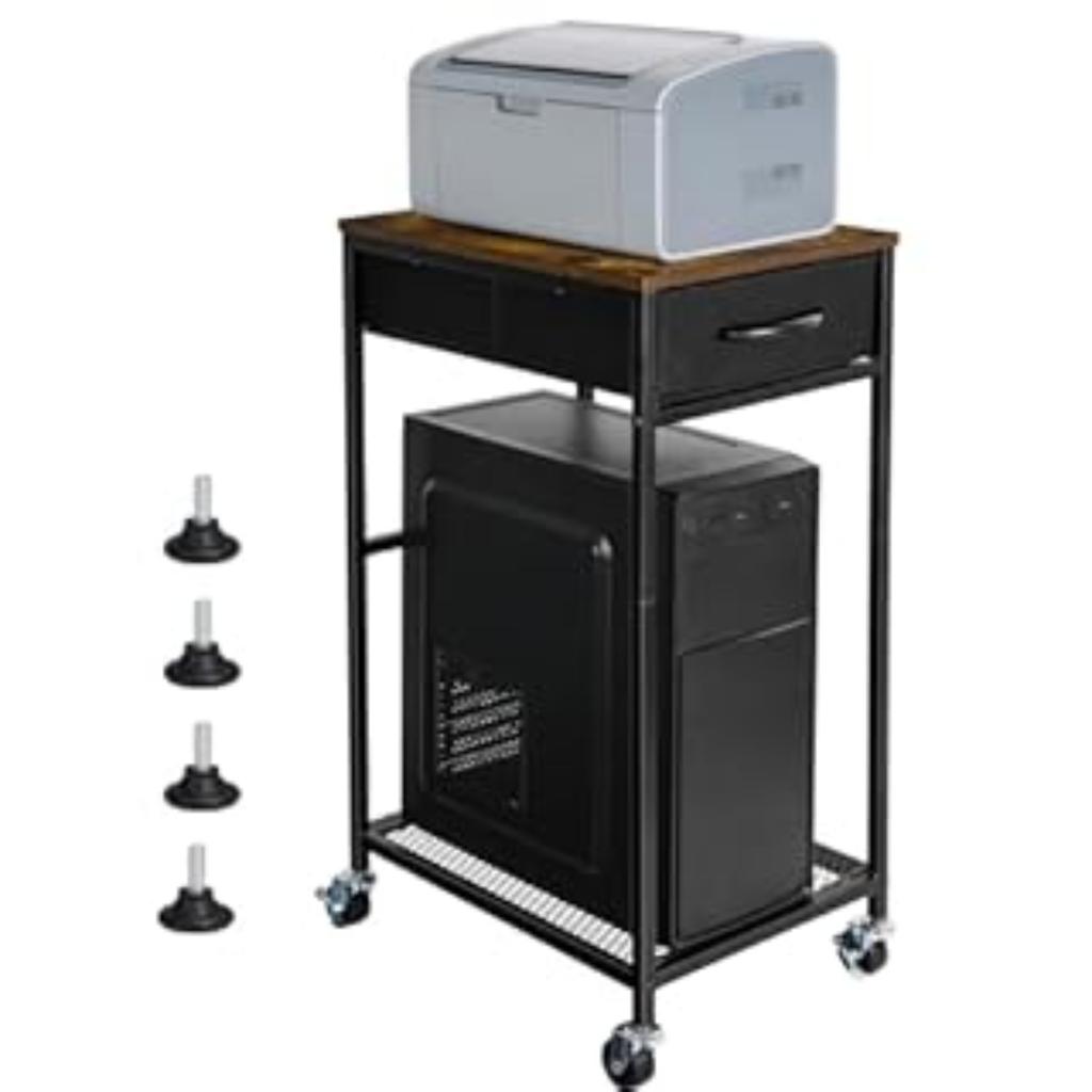 Rolling PC Tower Stand with Wheels - 2 Tier CPU Holder & Storage Drawer, Mobile Cart for Home/Office (Rustic Brown)