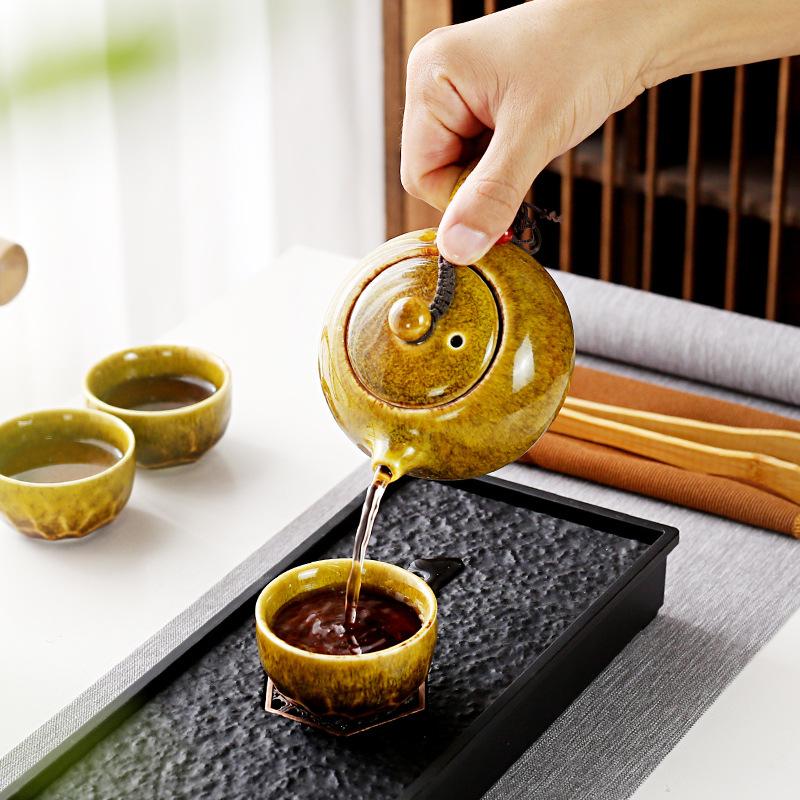 Travel tea set, portable ceramic kiln-changed glaze, one pot of four cups tea set, household personal gift box
