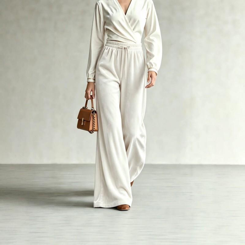 2026 Velvet Wide Leg Pants Women High Waist Loose Fit With Drawstring Pockets Winter