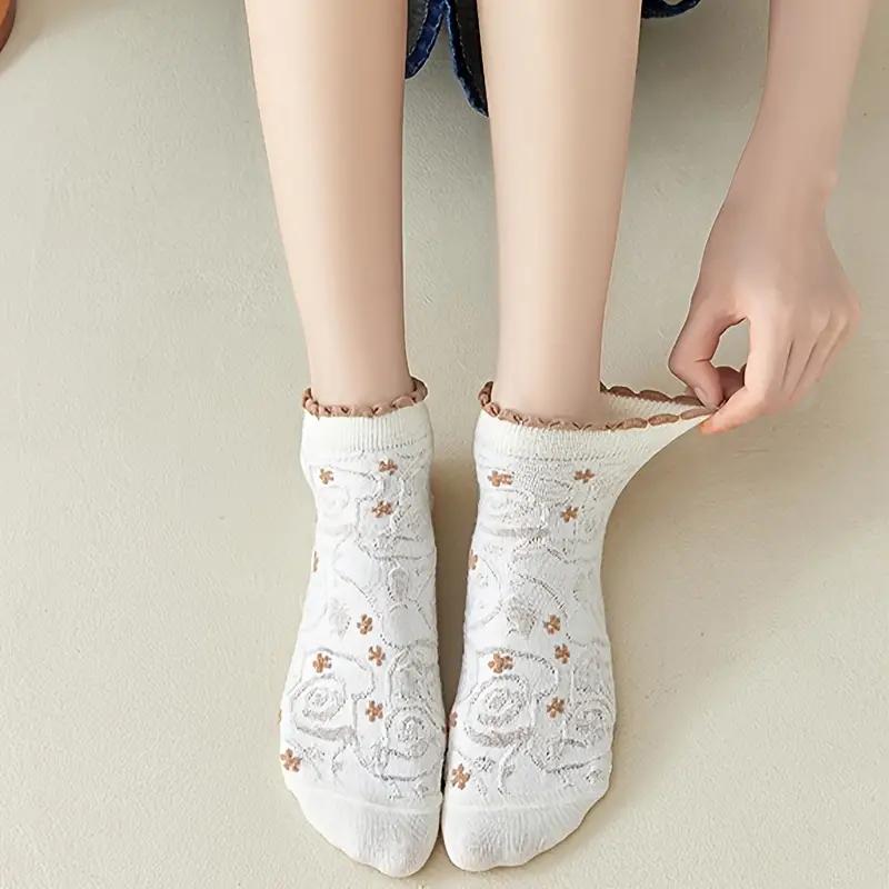 5pairs Retro Cottage Style Textured Floral Socks , Ruffle Trim Cute Socks For Dresses , Women's Stockings & Hosiery