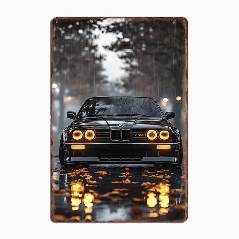 

Vintage Black BMWE30 in Rain Racer Race Car Metal Poster Sign Club Custom Indoor Wall Tin Sign Room Decor Home Decor 20X30CM