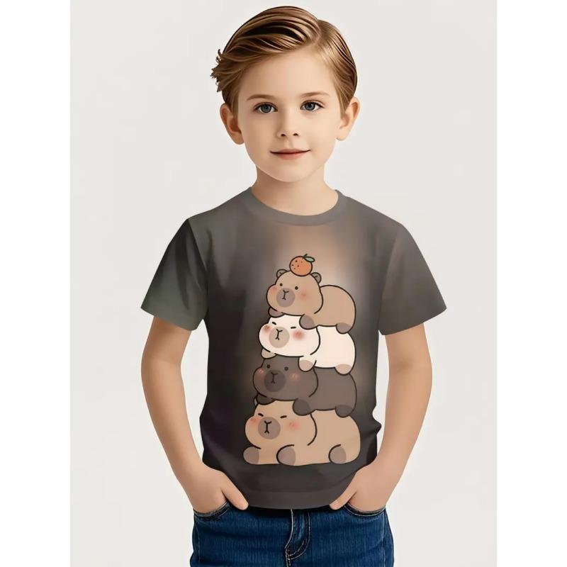 Nowa Koszulka z Krótkim Rękawem ze Zwierzętami Śliczny Nadruk ze Wzorem Kapibary Szybkoschnąca Koszulka z Okrągłym Dekoltem Casualowa Koszulka z Kreskówką dla Dzieci