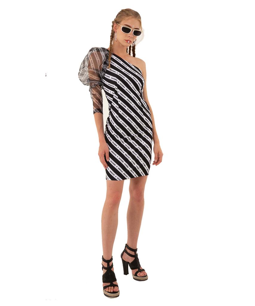 GREEDILOUS Diagonal Line Asymmetrical Puff Sleeve Dress