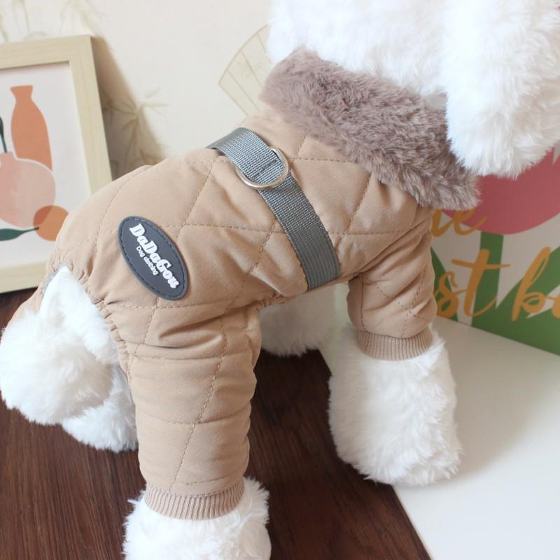 Warm Winter Dog Coat Teddy Bichon Frise - Quilted Cotton Jacket With Hood Leash Ring Four-Leg Design