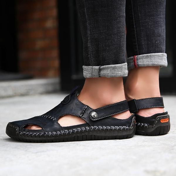 Men's Fashion Casual Shoes Genuine Leather Sandals Outdoor Flat Shoes Beach Sandals Breathable Loafers Plus Size 38-48