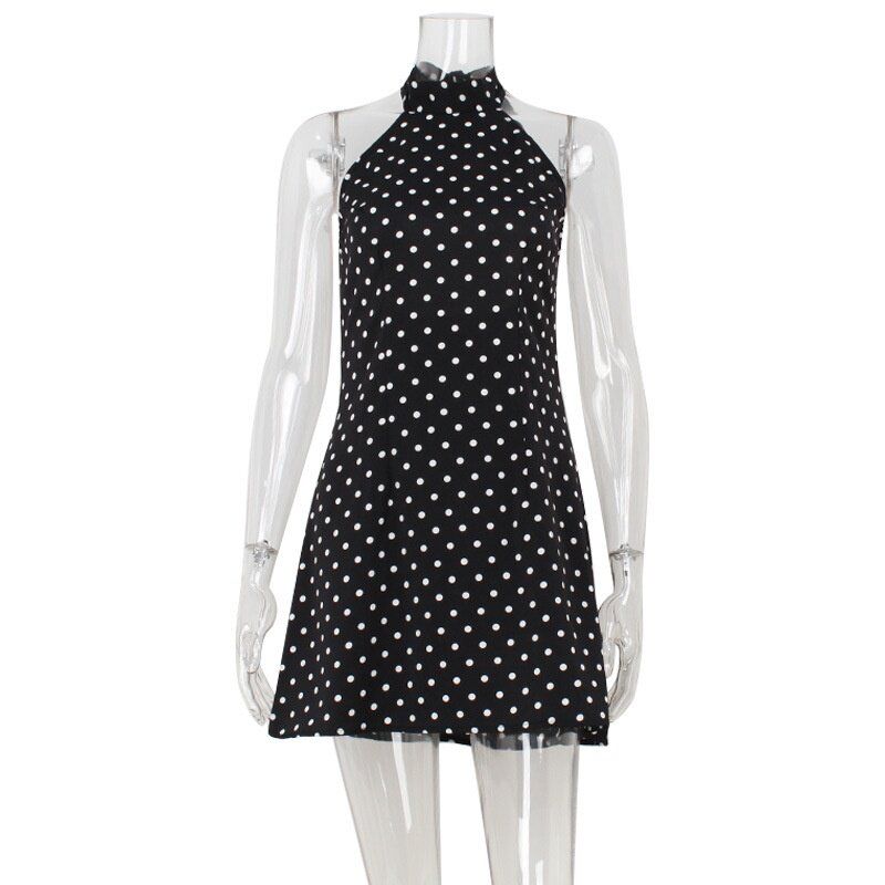 Cross-Border Style French Halter Neck Backless Slim Fit Fashionable Polka Dot Print Sexy Pure Desire European and American Style A-Line Dress