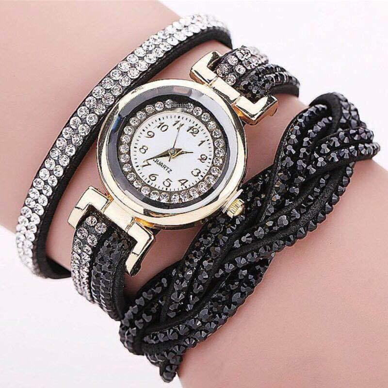 

Винтажные женские часы в стиле Женевы с цветным плетеным браслетом и стразами чёрный