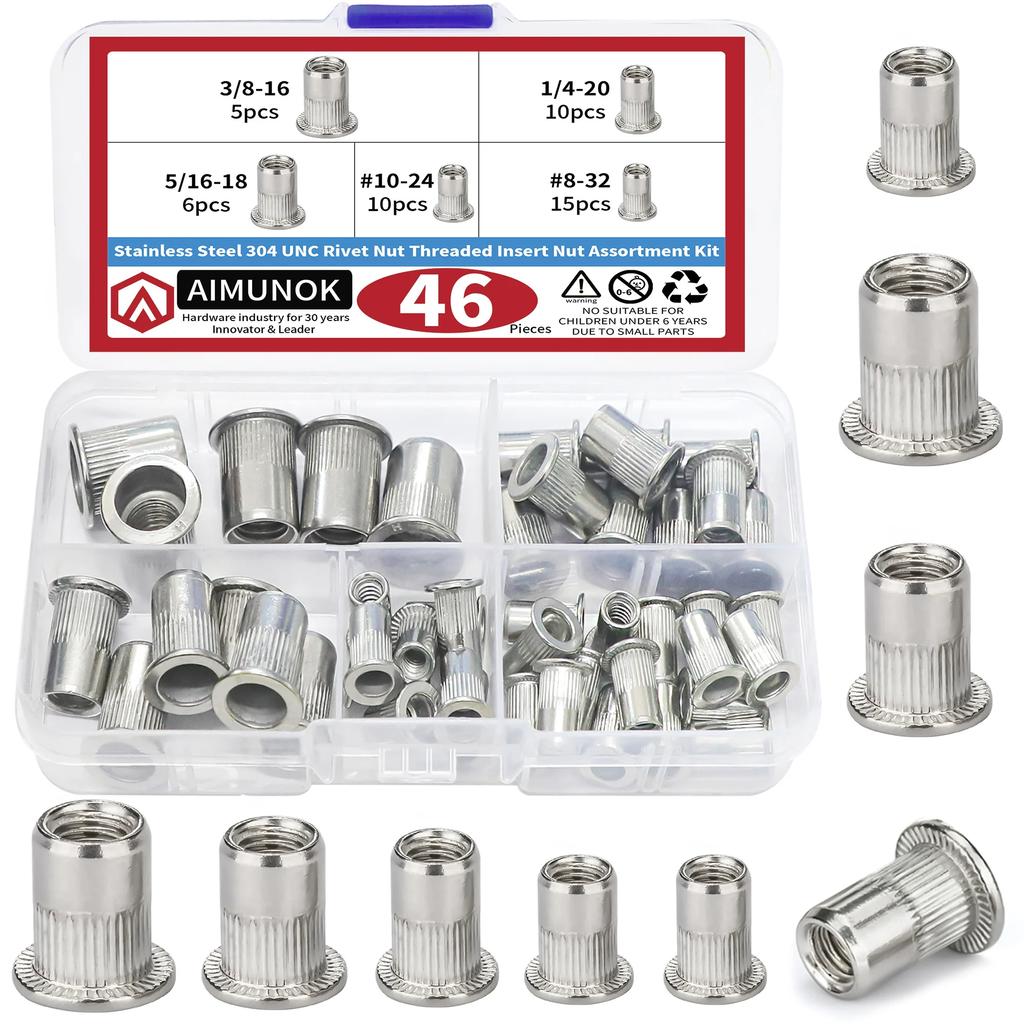 46pcs SAE  Nuts UNC Nutserts Rivnut Assortment Kit, 304 Stainless Steel Flat  Insert Nut Assort #8-32#10-24 1/4"-20 3/8