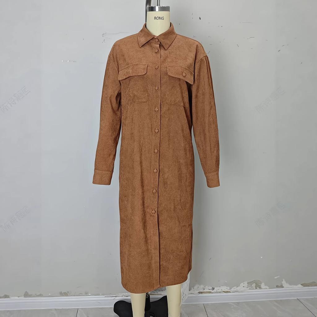 Europäischer und amerikanischer französischer Retro-Stil mittlerer und langer Schnitt einreihiges Revers langärmeliges Damenkleid