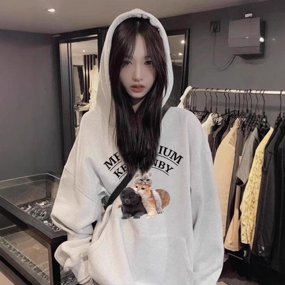 Ladies Autumn Winter Casual Hooded Long Sleeve Big Pocket Cat Printed Pullover Hoodies Sweatshirt Top