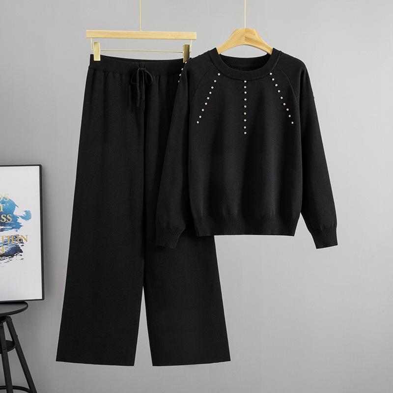 

Heavy Industry Style Woolen Two-Piece Set: Round Neck Loose Sweater & Casual Long Sleeve Knitwear One Size чёрный