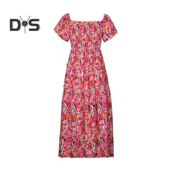 Dámské plážové šaty mimo ramena Barevný potisk květin A-line Patchwork s volným lemem lemování bez zad Krátké rukávy letní prázdninový styl midi šaty