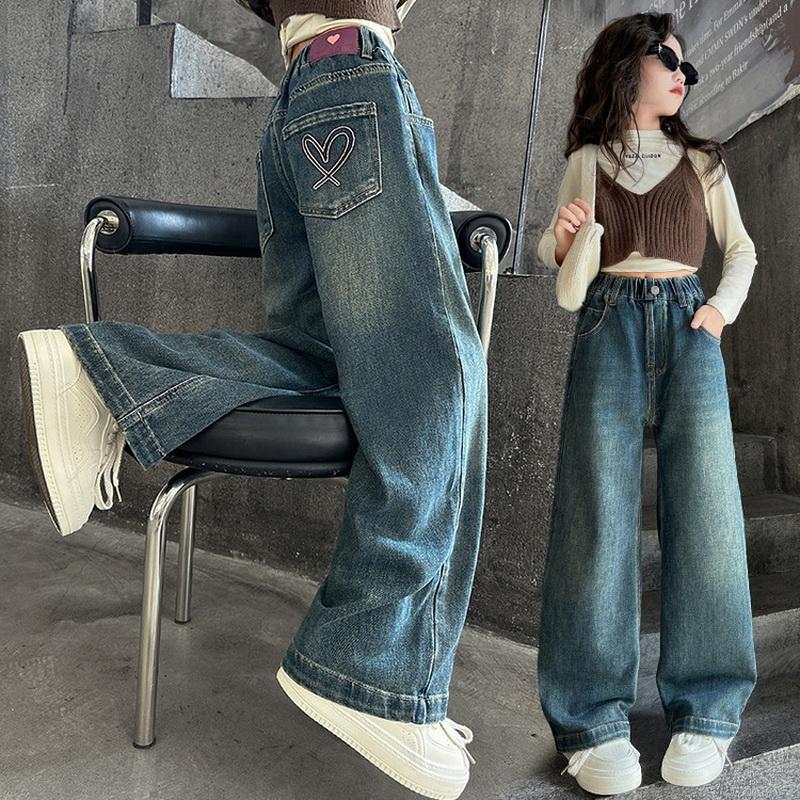 Weite Jeans für Teenager-Mädchen Frühling Koreanisch Lässig Retro Blaue Denim-Hose Mode Elastische Taille Hose für Kinder