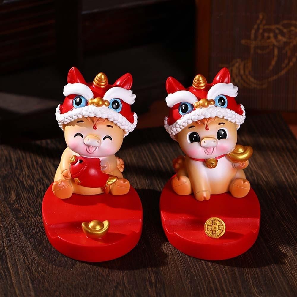 Mascot Horse Year Figurines Resin Crafts Mobile Phone Stand Lion Dance Ornaments Home Party Decor