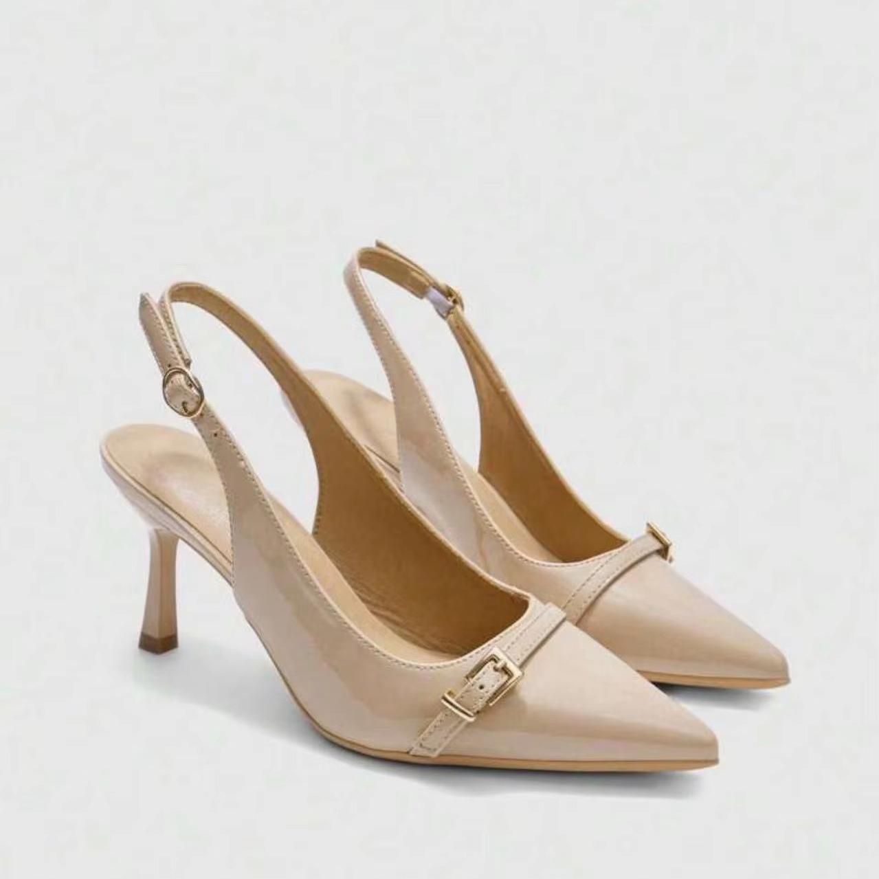 

Classic Ankle Strap Sandals Woman Slides Casual Thin High Heels Shoes Women Solid Slip on Pointed Toe Summer Sandals Plus Size 43 абрикосовый