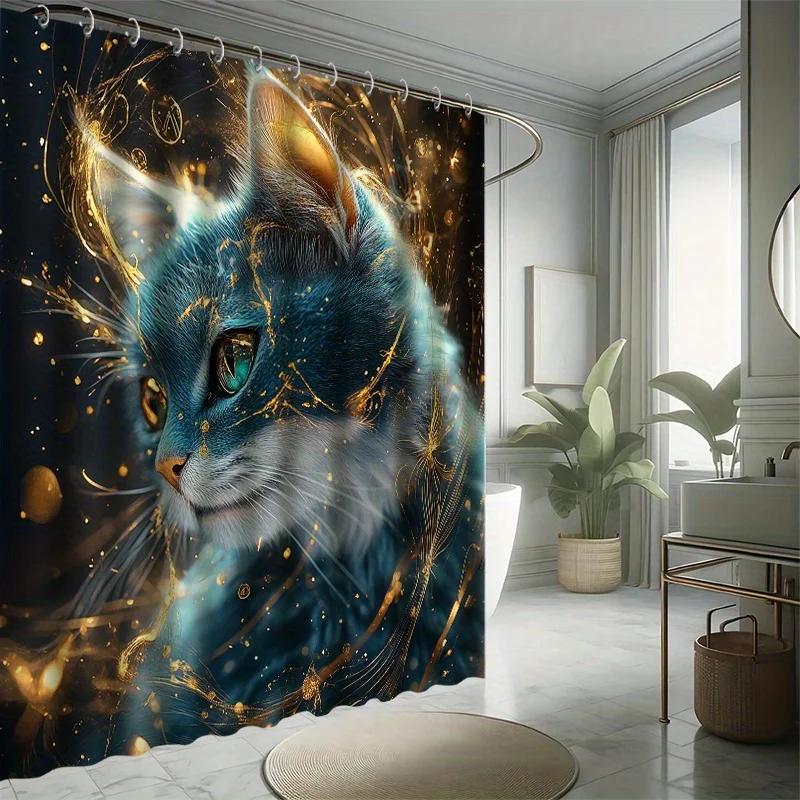 ~O~Cute Little Cat Shower Curtain Set - Blue Cat, Includes 12 Hooks, Waterproof Polyester, Bathtub Partition, Modern Bathroom De