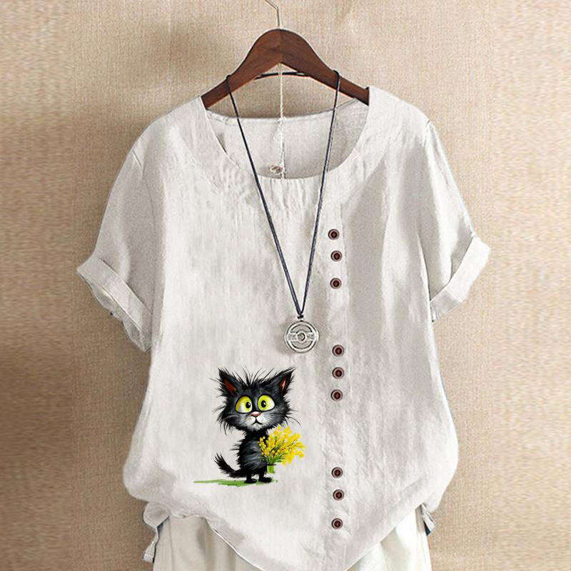 

Женская модная черная футболка с коротким рукавом и принтом в виде цветка кошки, свободная хлопковая рубашка, повседневная свободная летняя блузка, топы больших размеров 5XL белый
