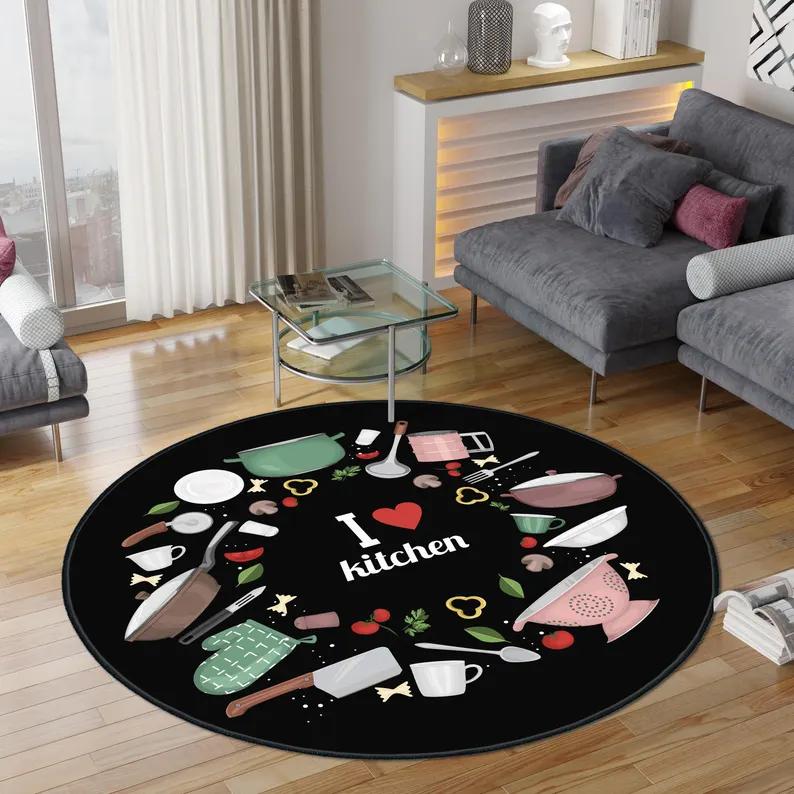 Kitchen Round Kitchen Carpet Washable Non-Slip Kitchen Rug Modern Kitchen Rug Home Decor Carpet Kitchen Food Decor Kitchen Mat 100cm
