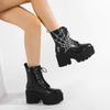 Gdgydh Women Punk Boots PU Leather Embroidered Spider Web Design Shoes Cool Retro Chunky Wedges Platform Boots Lace Up