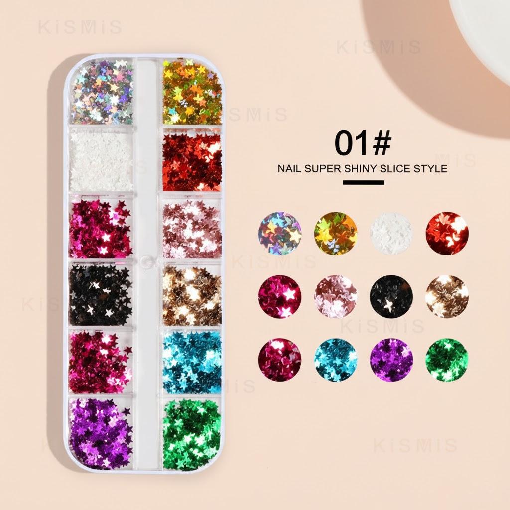 

1 Box 12 Grids Holographic Nail Glitter Sequins Sparkly 3D Thin Butterfly Round Stars Geometric Flakes Polish Decorations