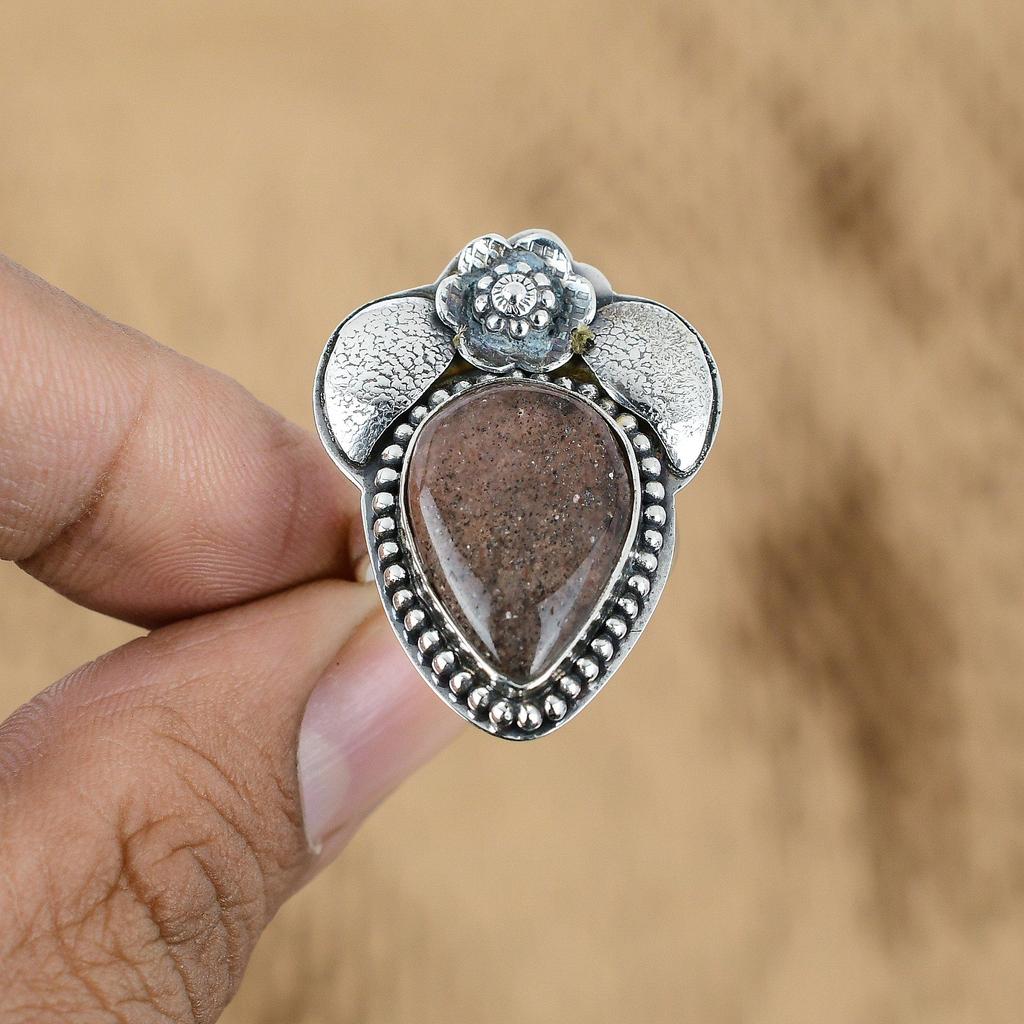 Sacral Chakra Natural Sunstone Daughter Flower Wedding Ring 925 Sterling Silver