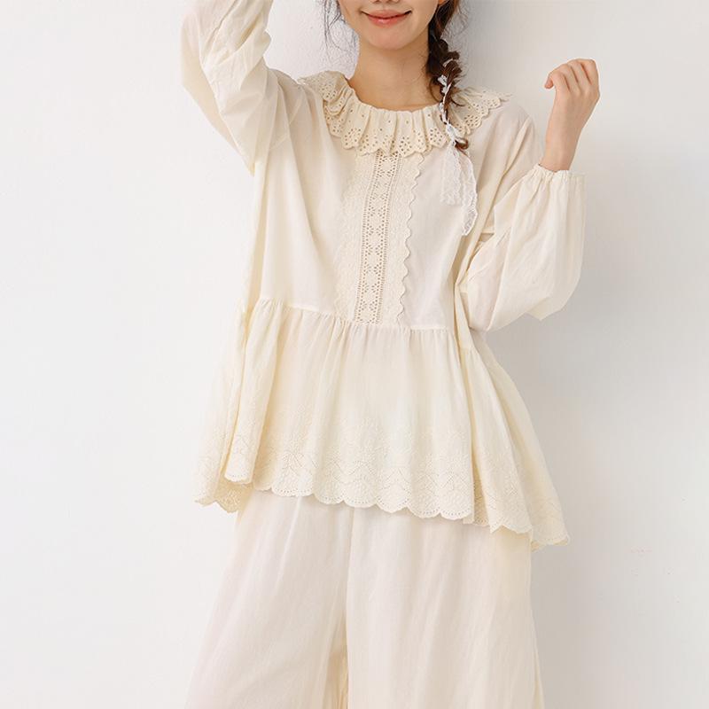 2026 New Style Women's Pure Cotton Long Sleeve Doll Shirt with Lace Collar and Heavy Embroidery