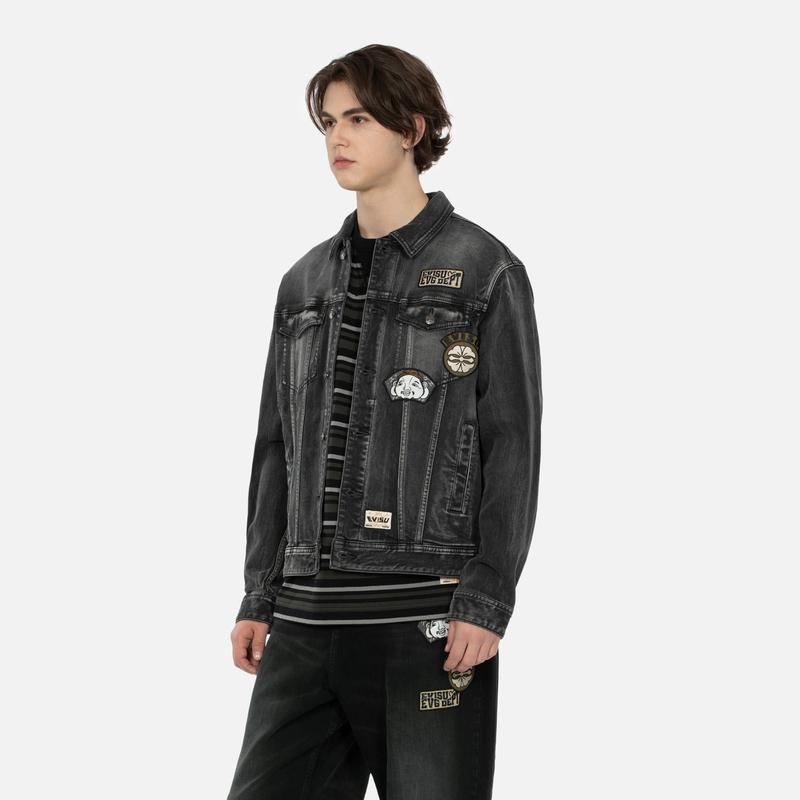 Evisu SS24 Multi-Embroidered Denim Jacket Men Jackets Black 2ESHTM4DJ8003RXDP
