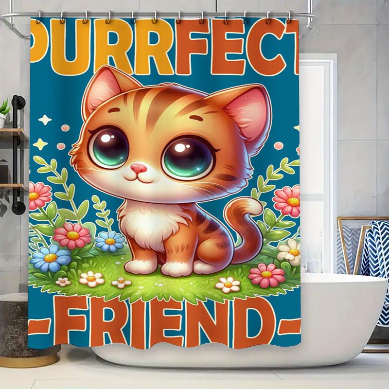 

Cute Cartoon Cat Shower Curtain Orange Kitten Print Home Decor Waterproof Bath Mat Set for Kids Bathroom Perfect Gift (180x240cm 90x180cm