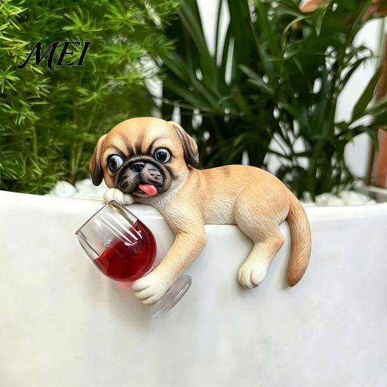 Resin Animal Ornament Lying Pug Statue for Planter, Dog Figurine with Red Wine Funny Pet Glass, Cute Flower Pot Edge Decoration Creative Planter Decor