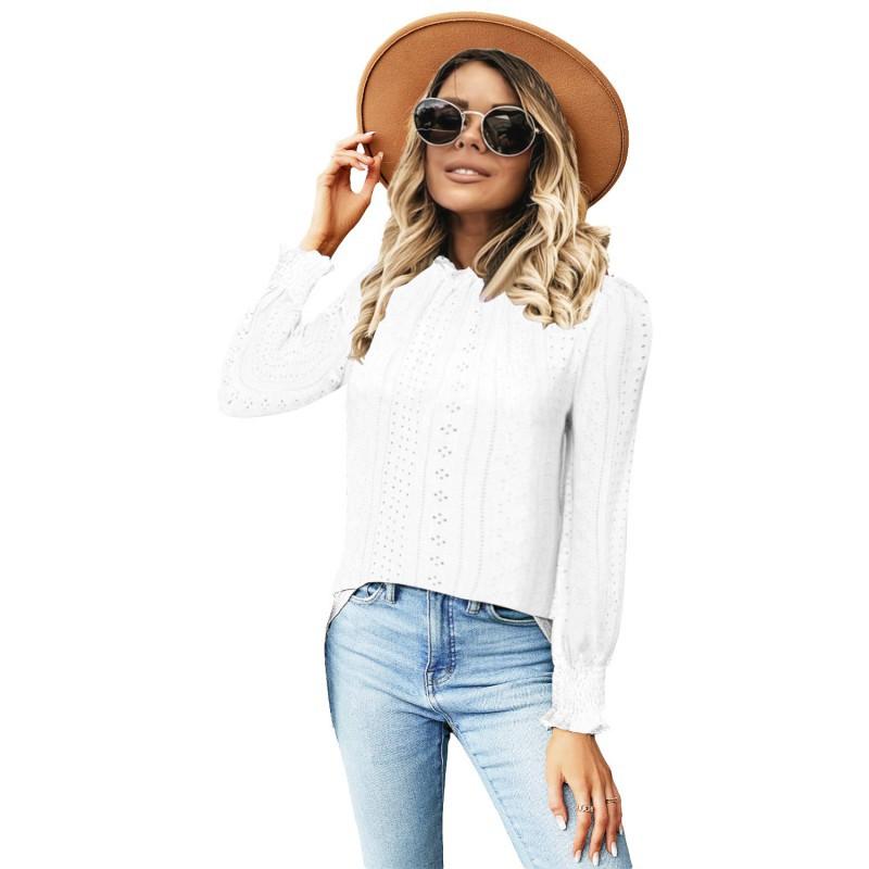 

Women s Clothes New Style Pure Color Round Collar Long-sleeved Shirt T-shirt Autumn European American Cross-border S білий