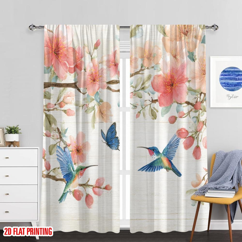 2pcs 2D flat printing Party Window Curtains Watercolor Butterflies Birds Flowers Digital Printed Polyester Drapes Family Party