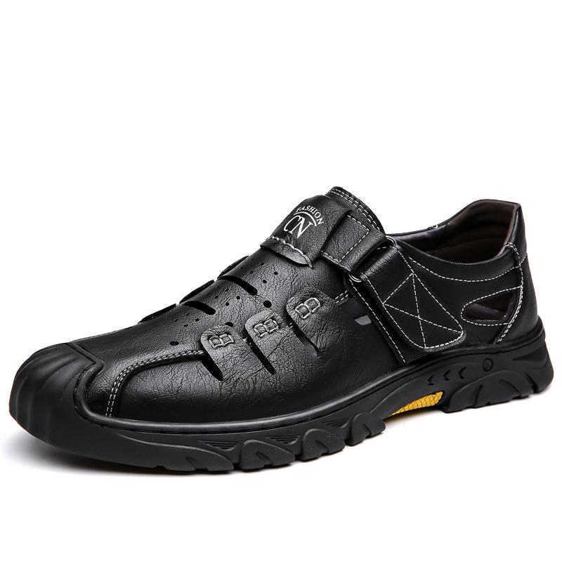 

Мужская обувь 2025 лето нескользящие с круглым носком повседневные дырявые туфли мужские полые сандалии из кожи для среднего возраста 2025 38 чёрный