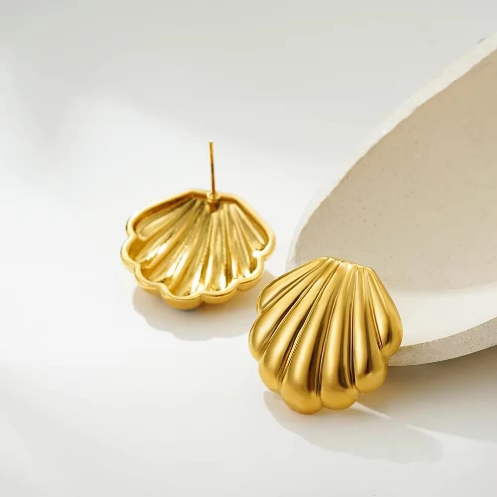 Gold Color Metal Texture Shell-shape Stud Earrings Women 18K Gold Plated Starfish Pendant Layered Chain Necklace Beach Jewelry